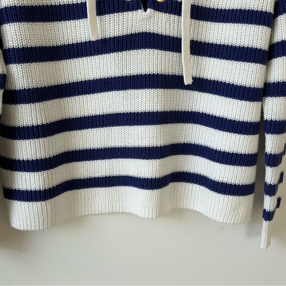 NWT Loft Women’s Blue Ivory Striped Collared Lace Up Tie Neck Knit Sweater Sz XS - Picture 3 of 9